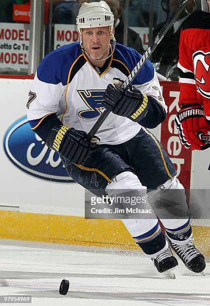 Keith Tkachuk of the St. Louis Blues skates against the New Jersey Devils at the Prudential Center on March 20, 2010 in Newark, New Jersey. The Blues...