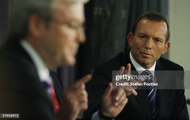 Australia's opposition leader Tony Abbott speaks during a debate against Prime Minister Kevin Rudd at the National Press Club on March 23, 2010 in...