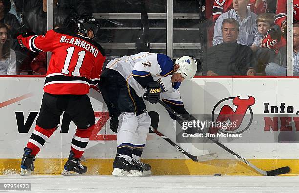 Keith Tkachuk of the St. Louis Blues skates against Dean McAmmond of the New Jersey Devils at the Prudential Center on March 20, 2010 in Newark, New...