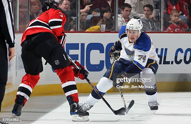 Oshie of the St. Louis Blues skates against the New Jersey Devils at the Prudential Center on March 20, 2010 in Newark, New Jersey. The Blues...