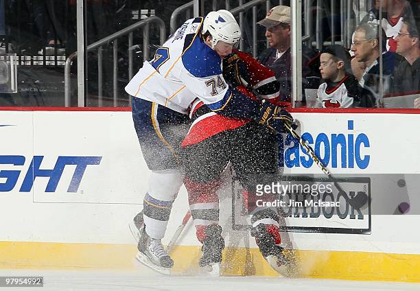 Oshie of the St. Louis Blues skates against the New Jersey Devils at the Prudential Center on March 20, 2010 in Newark, New Jersey. The Blues...