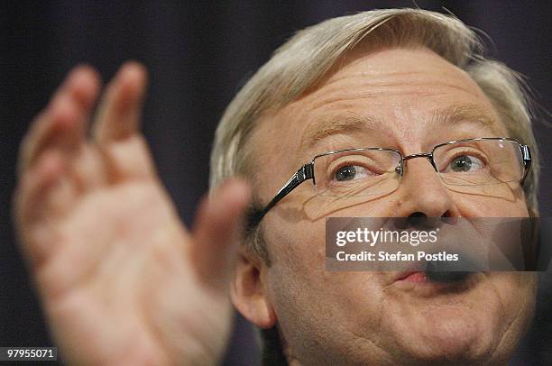 Australian Prime Minister Kevin Rudd speaks during a debate against opposition leader Tony Abbott at the National Press Club on March 23, 2010 in...