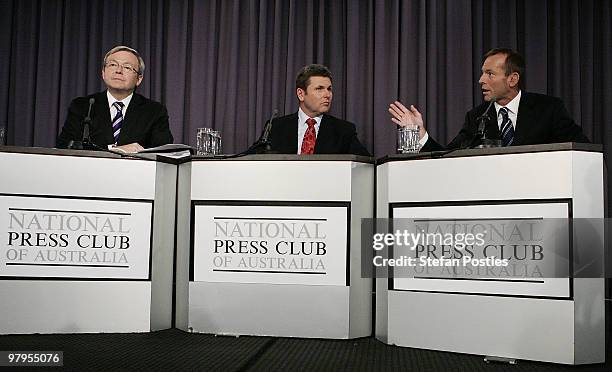 Australia's opposition leader Tony Abbott speaks during a debate against Prime Minister Kevin Rudd at the National Press Club on March 23, 2010 in...