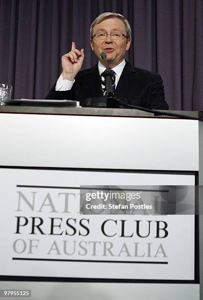 Australian Prime Minister Kevin Rudd speaks during a debate against opposition leader Tony Abbott at the National Press Club on March 23, 2010 in...