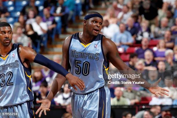 Zach Randolph and OJ Mayo of the Memphis Grizzlies react after the play against the Sacramento Kings on March 22, 2010 at ARCO Arena in Sacramento,...