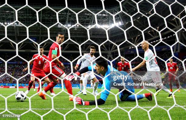 Ali Beiranvand of Iran makes a save during the 2018 FIFA World Cup Russia group B match between Iran and Spain at Kazan Arena on June 20, 2018 in...