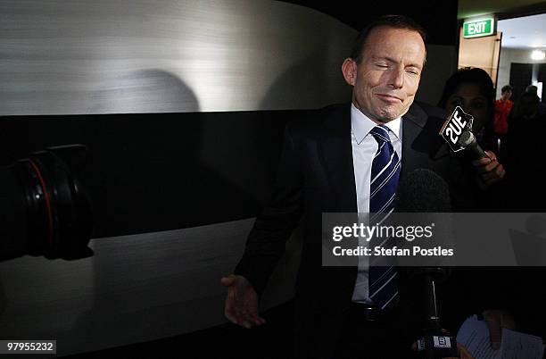 Australia's opposition leader Tony Abbott speaks to the media after a debate against Prime Minister Kevin Rudd at the National Press Club on March...