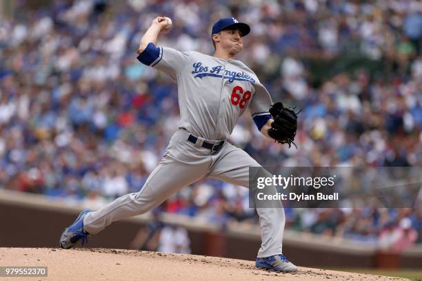 Ross Stripling of the Los Angeles Dodgers pitches in the first inning against the Chicago Cubs at Wrigley Field on June 20, 2018 in Chicago, Illinois.
