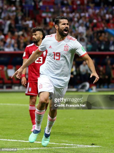 Diego Costa of Spain celebrates after scoring his team's first goal during the 2018 FIFA World Cup Russia group B match between Iran and Spain at...