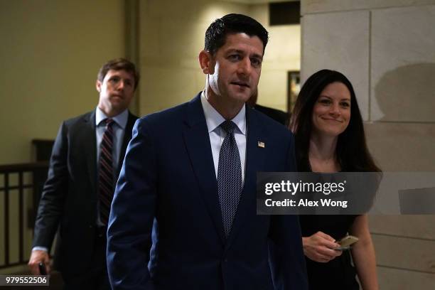 Speaker of the House Rep. Paul Ryan arrives at a news conference June 20, 2018 on Capitol Hill in Washington, DC. House Republicans held a conference...