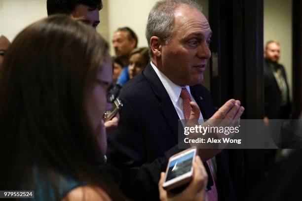 House Majority Whip Rep. Steve Scalise arrives at a news conference June 20, 2018 on Capitol Hill in Washington, DC. House Republicans held a...