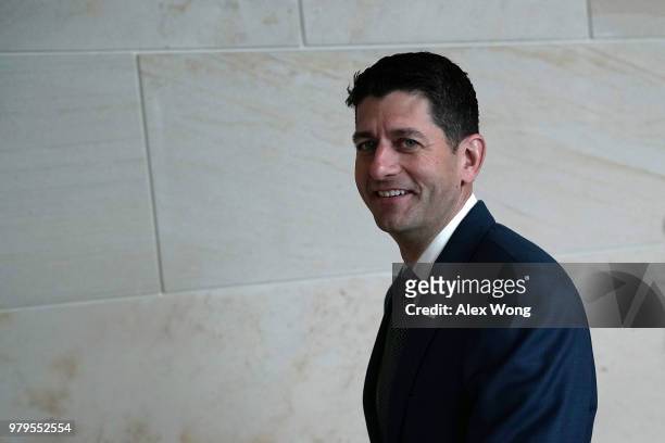 Speaker of the House Rep. Paul Ryan arrives at a news conference June 20, 2018 on Capitol Hill in Washington, DC. House Republicans held a conference...
