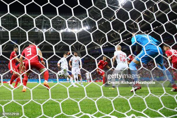 Gerard Pique of Spain shoots at target during the 2018 FIFA World Cup Russia group B match between Iran and Spain at Kazan Arena on June 20, 2018 in...