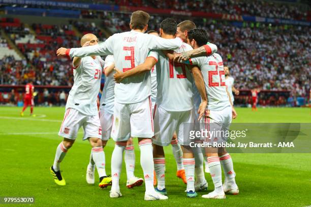 Diego Costa of Spain celebrates scoring a goal to make it 0-1 with his team-mates during the 2018 FIFA World Cup Russia group B match between Iran...