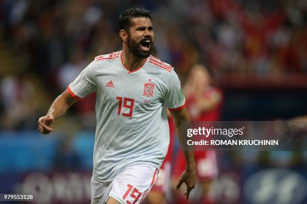 Spain's forward Diego Costa celebrates his goal during the Russia 2018 World Cup Group B football match between Iran and Spain at the Kazan Arena in...