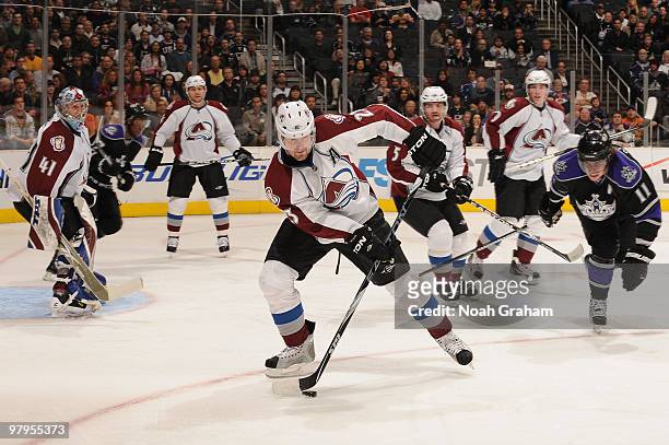 Milan Hejduk of the Colorado Avalanche skates with the puck against the Los Angeles Kings on March 22, 2010 at Staples Center in Los Angeles,...