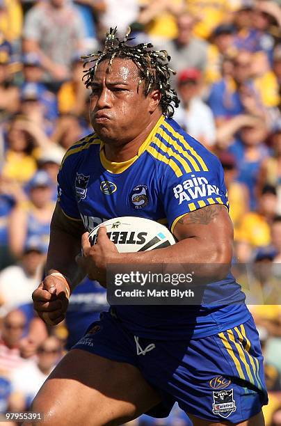 Fuifui Moimoi of the Eels runs the ball during the round two NRL match between the Parramatta Eels and the Manly Sea Eagles at Parramatta Stadium on...