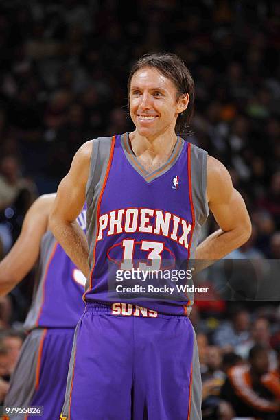 Steve Nash of the Phoenix Suns smiles before game action against the Golden State Warriors on March 22, 2010 at Oracle Arena in Oakland, California....