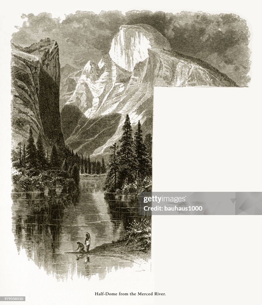 Half Dome from the Merced River, Yosemite National Park, Sierra Nevada, California, American Victorian Engraving, 1872