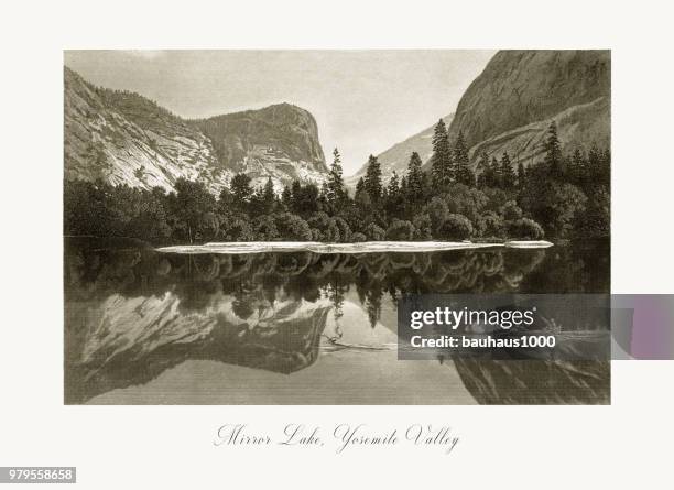 mirror lake, yosemite valley, yosemite national park, sierra nevada, california, american victorian engraving, 1872 - deer creek stock illustrations