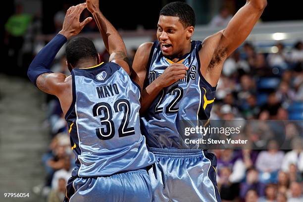 Mayo and Rudy Gay of the Memphis Grizzlies celebrate defeating the Sacramento Kings on March 22, 2010 at ARCO Arena in Sacramento, California. NOTE...