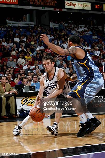 Beno Udrih of the Sacramento Kings looks to get to the basket around Marcus Williams of the Memphis Grizzlies on March 22, 2010 at ARCO Arena in...