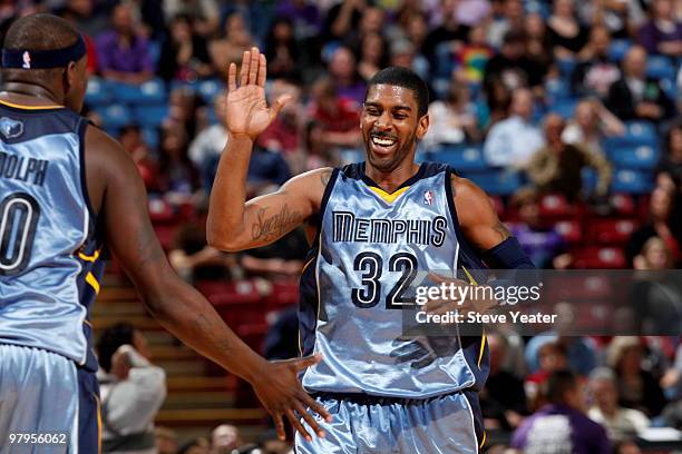 Mayo of the Memphis Grizzlies celebrates after hitting a three point basket against the Sacramento Kings on March 22, 2010 at ARCO Arena in...