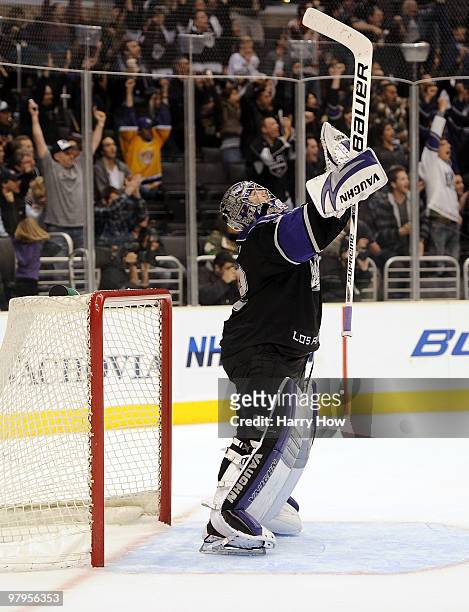 Jonathan Quick of the Los Angeles Kings celebrates an overtime goal of Drew Doughty for a 4-3 win over the Colorado Avalanche on March 22, 2010 in...