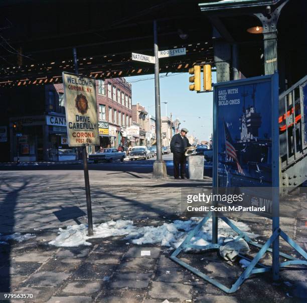 New York City - View of the intersection of National Street and Roosevelt Avenue under the elevated train in Corona, Queens.