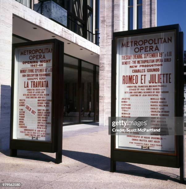 New York City - View of a pair of signs in front of the Metropolitan Opera in Manhattan.