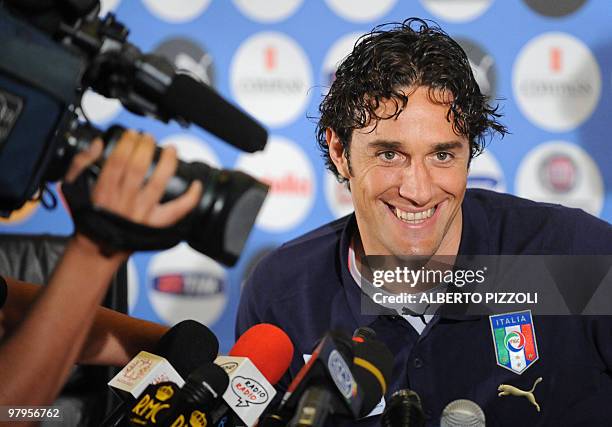 Italy's striker Luca Toni is pictured during a press conference after an Italian national football team training session ahead of their Euro 2008, at...