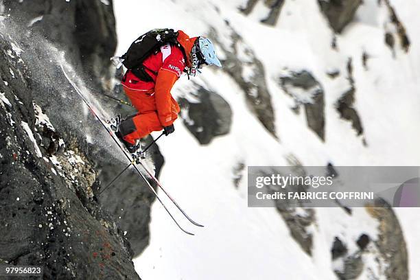 Sweden's Kaj Zackrisson competes during the Xtreme Freeride World Tour final, above the Swiss Alps resort of Verbier, on March 20, 2010. The men's...