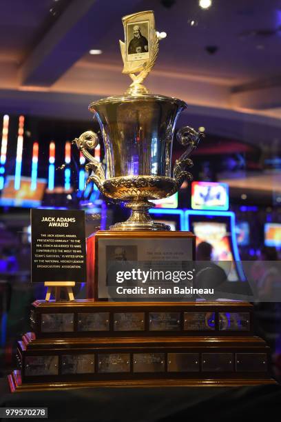 The Jack Adams Award displayed ahead of the 2018 NHL Awards at the Hard Rock Hotel & Casino on June 17, 2018 in Las Vegas. Nevada. The 2018 NHL...