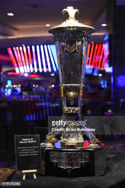 The Prince of Wales Trophy displayed ahead of the 2018 NHL Awards at the Hard Rock Hotel & Casino on June 17, 2018 in Las Vegas. Nevada. The 2018 NHL...
