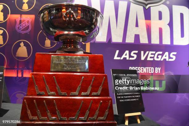 The William M. Jennings Trophy displayed ahead of the 2018 NHL Awards at the Hard Rock Hotel & Casino on June 17, 2018 in Las Vegas. Nevada. The 2018...