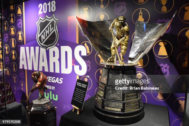 The Maurice "Rocket" Richard Trophy displayed ahead of the 2018 NHL Awards at the Hard Rock Hotel & Casino on June 17, 2018 in Las Vegas. Nevada. The...