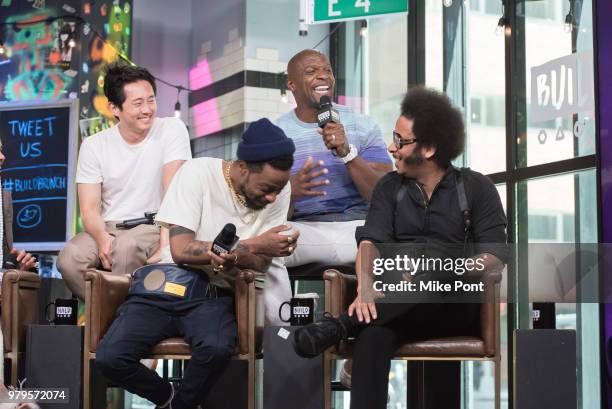 Steven Yeun, Lakeith Stanfield, Terry Crews, and Boots Riley visit Build Studio to discuss 'Sorry to Bother You' at Build Studio on June 20, 2018 in...