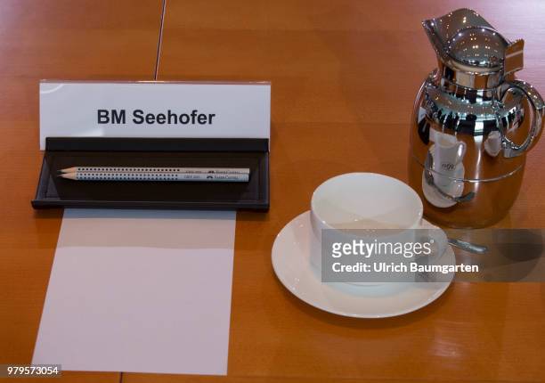 Meeting of the Federal Cabinet in the Federal Chancellery in Berlin. The workplace of Minister of Interior Horst Seehofer at the Cabinet table.