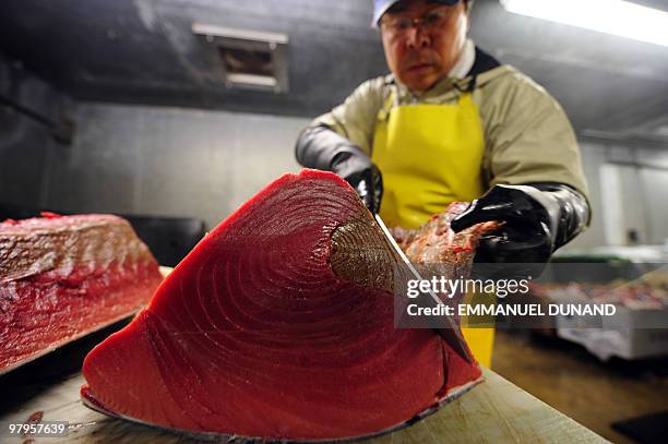 Worker cuts a bluefin tuna into pieces in order to provide it to New York's top sushi restaurants at a fish market in Jersey City, New Jersey, March...
