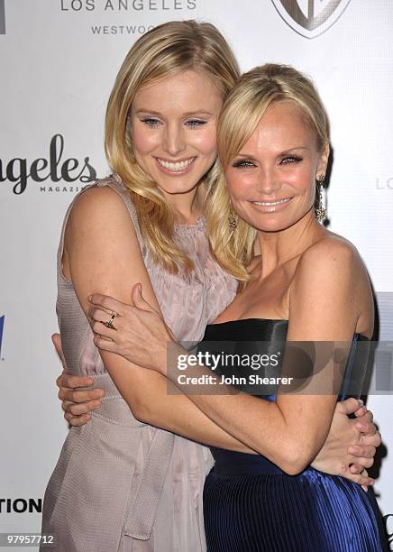 Actresses Kristen Bell and Kristin Chenoweth arrive at the "Backstage at the Geffen" gala at Geffen Playhouse on March 22, 2010 in Los Angeles,...