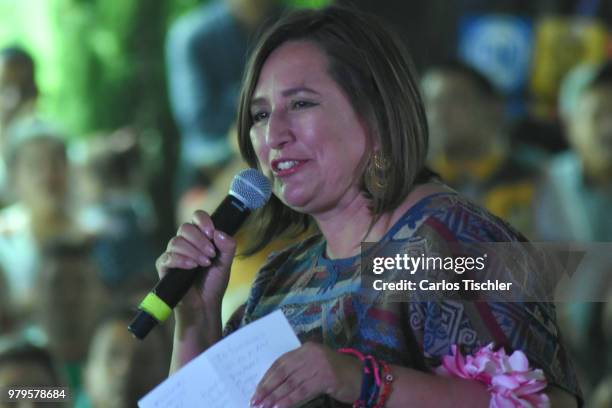 Xóchitl Gálvez speaks during a meeting with indigenous groups at Fuego Nuevo Archaelogical Museum on June 18, 2018 in Mexico City, Mexico. If...