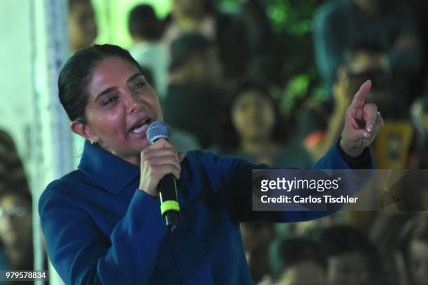 Alejandra Barrales, Mexico City Mayor candidate speaks during a meeting with indigenous groups at Fuego Nuevo Archaelogical Museum on June 18, 2018...