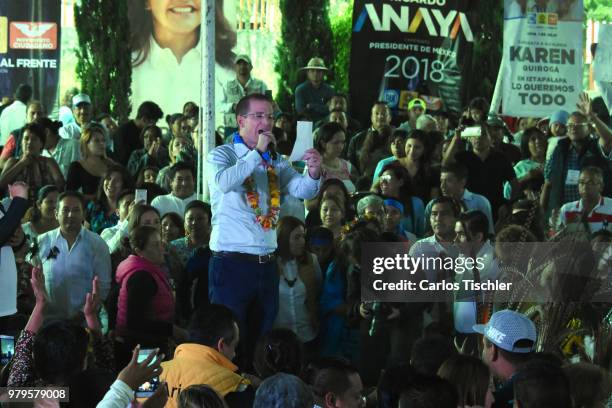 Ricardo Anaya, Presidential Candidate of the For Mexico to the Front Coalition speaks during a meeting with indigenous groups at Fuego Nuevo...