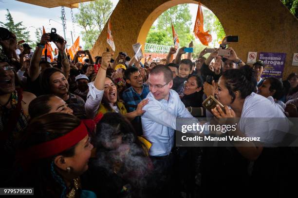 Ricardo Anaya, Presidential Candidate of the For Mexico to the Front Coalition greets people during a meeting with indigenous groups at Fuego Nuevo...
