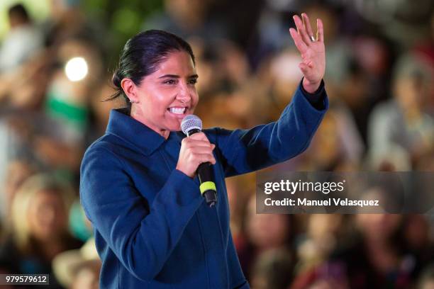 Alejandra Barrales, Candidate for Mexico City Mayor of the For Mexico to the Front Coalition gestures during a meeting with indigenous groups at...