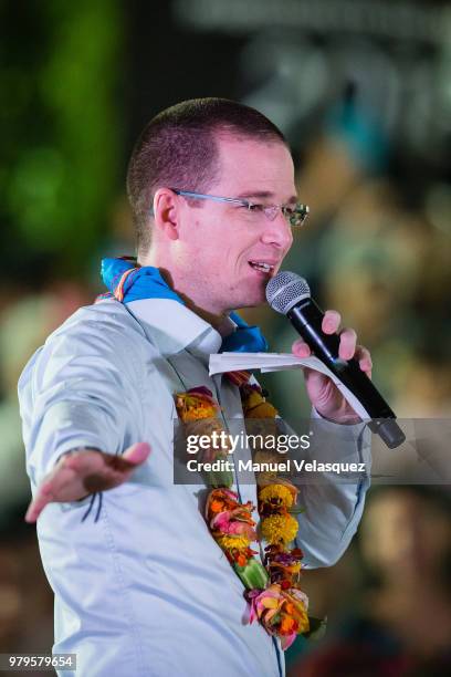 Ricardo Anaya, Presidential Candidate of the For Mexico to the Front Coalition speaks during a meeting with indigenous groups at Fuego Nuevo...