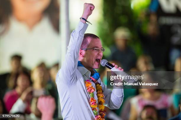 Ricardo Anaya, Presidential Candidate of the For Mexico to the Front Coalition gestures during a meeting with indigenous groups at Fuego Nuevo...