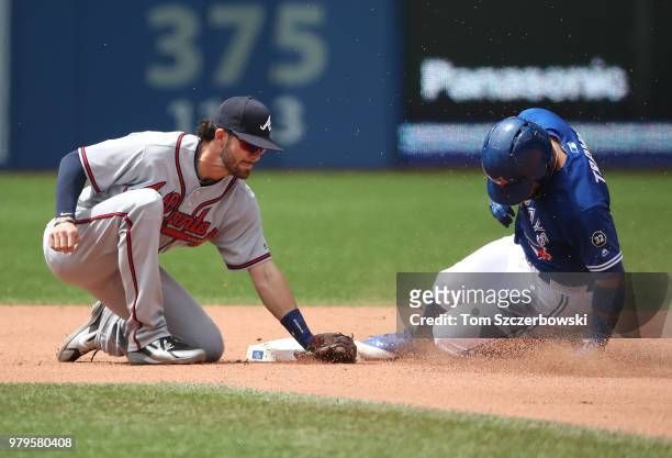 Devon Travis of the Toronto Blue Jays slides is safe at second base ahead of the tag by Dansby Swanson of the Atlanta Braves on a double in the...