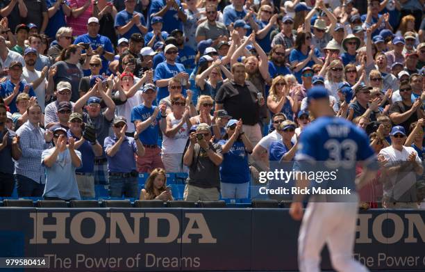 The crowd gives Toronto Blue Jays starting pitcher J.A. Happ a standing ovation as he walks off the field. Toronto Blue Jays Vs Atlanta Braves in MLB...