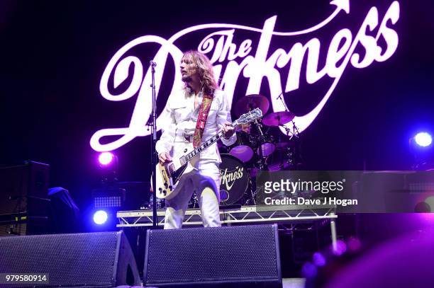 Justin Hawkins of The Darkness supports Hollywood Vampires live on stage at Wembley Arena on June 20, 2018 in London, England.